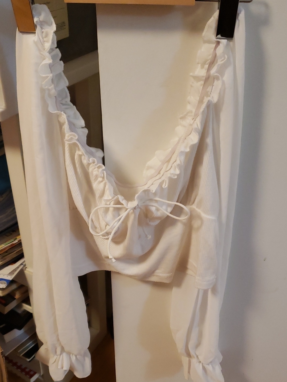 CUTE Off Shoulder White Ruffle Tie-Front Sleep Top